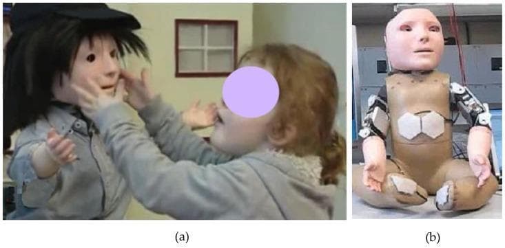 Educational photographs demonstrating the use of KASPAR, a child-sized humanoid social robot designed as a therapeutic tool for children with Autism Spectrum Disorder (ASD). Panel (a) shows a clinical interaction where a child is engaging in tactile contact by touching the robot's face, illustrating a social play scenario meant to encourage eye contact and modulate physical interaction. The robot is depicted with human-like features including hair, a hat, and clothing to facilitate anthropomorphic engagement. Panel (b) reveals the underlying technology, showing the robot's torso and limbs equipped with white, hexagon-shaped capacitive tactile sensors. These sensors are strategically placed on the torso, arms, and feet to detect the force and location of touch. The visual highlights the integration of robotics in behavioral therapy, specifically for training individuals with ASD to distinguish between gentle and harsh physical contact. This assistive technology serves as a learning companion to improve social-emotional communication and sensory processing in pediatric neurodevelopmental disorders.
