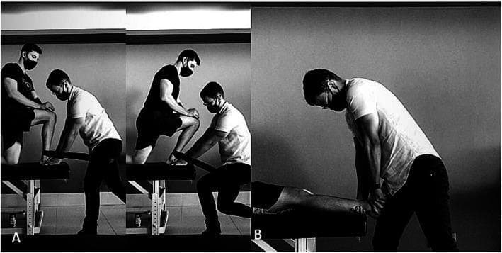Clinical photographs in two panels demonstrating manual therapy techniques for the ankle joint. Panel A illustrates the Mulligan Mobilization with Movement (MWM) technique for improving ankle dorsiflexion. A patient is shown in a semi-kneeling, weight-bearing position on a treatment table while the physiotherapist applies a manual anteroposterior glide to the talus. Simultaneously, a mobilization belt is positioned around the therapist's waist and the patient's distal tibia/fibula to provide a posteroanterior force during active movement. Panel B demonstrates the Maitland mobilization method. The patient is in a supine (dorsal decubitus) position with the foot extending off the edge of the table. The therapist is applying a passive, oscillatory Grade IV manual pressure in an anteroposterior direction to the talar dome. Both images highlight clinical applications in orthopedic physical therapy for managing range of motion restrictions and joint dysfunction. The subjects are shown wearing face masks, indicating a clinical setting during the COVID-19 pandemic.