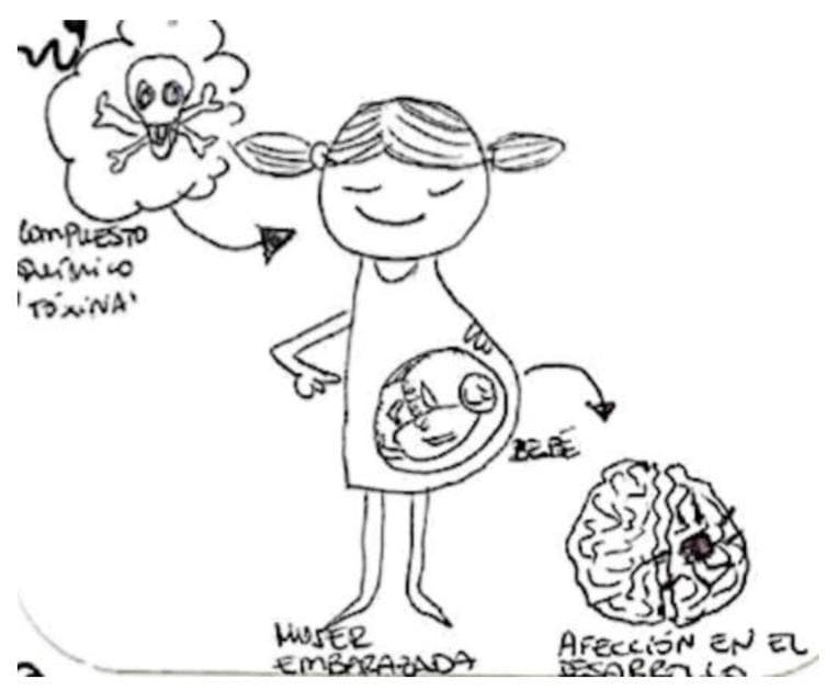 This hand-drawn educational diagram illustrates the pathophysiological impact of environmental toxins on fetal development. The central figure is a pregnant woman (labeled 'MUJER EMBARAZADA') with a smiling fetus visible in the womb (labeled 'BEBÉ'). A thought bubble above the woman contains a skull and crossbones symbol alongside the text 'COMPUESTO QUÍMICO TOXINA', representing the ingestion or exposure to toxic chemical compounds. An arrow originates from the abdominal/fetal region and points toward a separate illustration of a human brain. The brain diagram contains a dark lesion or focal point, accompanied by the label 'AFECCIÓN EN EL DESARROLLO' (developmental disorder). The illustration serves as a conceptual model for placental transfer of teratogens or neurotoxins and their subsequent clinical significance in causing congenital neurodevelopmental impairments. It is designed for public health education to simplify complex toxicological mechanisms into a visual narrative of maternal exposure and fetal consequence.