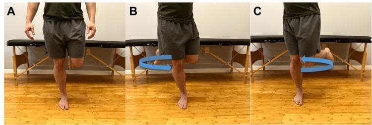 A clinical photograph series consisting of three panels (A, B, and C) demonstrating the modified Thessaly test, a physical examination maneuver used to assess for meniscal pathology. The subject is shown in a clinical setting standing barefoot on a hardwood floor. In Panel A, the individual is positioned in a single-leg stance on the affected limb with the knee in approximately 5 to 20 degrees of flexion. Panels B and C illustrate the dynamic component of the test, with blue arrows indicating internal and external rotation of the torso and femur on the fixed tibia. The maneuver is designed to apply rotational and axial loading across the knee joint. A positive result is indicated by the reproduction of joint-line pain or mechanical symptoms such as locking or catching, suggesting a possible meniscal tear. This specific sequence highlights the test's application in telehealth or orthopedic clinical assessments.