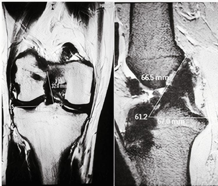 This diagnostic image provides a split-view MRI assessment of a knee joint following a double-bundle anterior cruciate ligament (ACL) reconstruction. The left panel shows a coronal view, highlighting the femoral condyles, the tibial plateau, and the intra-articular space where the graft is positioned. A linear measurement of 32.0 mm is applied to the graft structure within the intercondylar notch. The right panel displays a sagittal or oblique view focused on the tibial and femoral tunnel placement. Critical surgical planning or post-operative measurements are visible, including a tunnel length of 66.5 mm, a tibial width measurement of 57.0 mm, and a graft inclination angle indicated as 61.2 degrees. The imaging demonstrates the anatomical relationship between the distal femur, proximal tibia, and the reconstructed ligamentous tissue, which is essential for evaluating graft tension and tunnel positioning in sports medicine and orthopedic surgery.