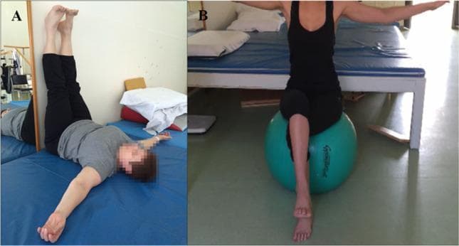 Clinical photographs depicting two rehabilitative exercises for patients with Charcot-Marie-Tooth (CMT) disease, aimed at managing symptoms through physiotherapy. Panel A illustrates a posterior chain muscle stretching technique. The patient is shown in a supine position on a treatment mat with both lower extremities elevated vertically and resting against a wall at a 90-degree angle. The arms are extended laterally to promote chest opening and stability, a position designed to address shortening of the posterior muscle chain. Panel B demonstrates a core stability exercise using a large green gymnastic ball (physioball). The patient is seated on the ball with arms abducted for balance while performing a single-leg lift, which engages the core musculature and improves proprioception and postural control. These images are representative of individualized physical therapy protocols designed to maintain mobility and enhance functional stability in neuromuscular disorders.