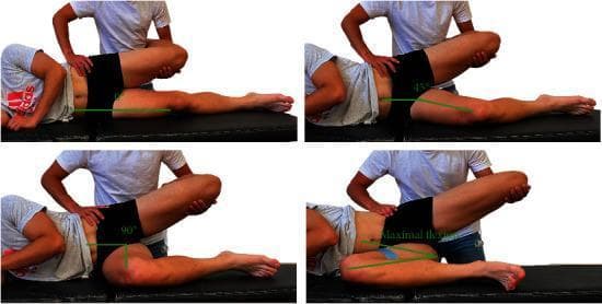 A series of four clinical photographs demonstrating variations of the Ober test, a physical examination maneuver used to assess iliotibial band (ITB) tightness. The patient is positioned in a side-lying (lateral decubitus) posture on an examination table. The examiner stands behind the patient, with one hand stabilizing the superolateral pelvis and the other arm cradling the upper leg with the knee flexed to 90 degrees. The four panels illustrate the test performed with different angles of contralateral (bottom) hip flexion: 0 degrees (extension), 45 degrees of flexion, 90 degrees of flexion, and maximal flexion (stabilized by a belt). Green angular markers indicate the degree of contralateral hip flexion in each scenario. The test focuses on the degree of adduction achievable in the top hip while maintaining the pelvis in a neutral position, illustrating how lumbar and pelvic positioning—influenced by the contralateral hip—can affect clinical measurements of ITB and tensor fasciae latae flexibility.