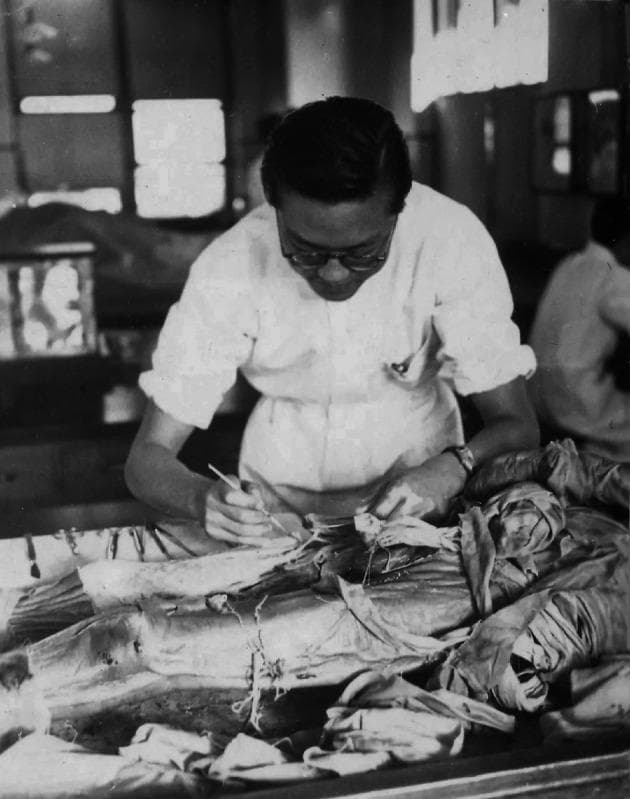A historical black-and-white clinical photograph from 1941 depicting a medical student or physician, identified as Qi Fang, performing a gross anatomical dissection in a laboratory setting at Peking Union Medical College. The image serves as a documentation of medical education and anatomical study. The subject is wearing professional medical attire (white coat) and is focused on a partially dissected human cadaver positioned on a dissection table. The visible anatomical region involves the lower torso and proximal lower limb, with exposure of subcutaneous tissues and musculature. Various surgical instruments, including scalpels and forceps, are visible on the periphery of the table, used for precise tissue manipulation. This image illustrates the foundational medical education practice of cadaveric dissection for the study of human anatomy, reflecting the historical context of medical training in the mid-20th century.