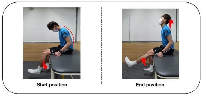 Clinical photograph demonstrating a neurodynamic sliding technique for the sciatic nerve in a side-by-side comparison of 'start' and 'end' positions. In the start position, the subject is seated in a slump posture characterized by thoracic spinal flexion (indicated by a red dashed line) and cervical flexion (neck bent forward), while the knee remains in a flexed, neutral position. In the end position, the subject demonstrates a coordinated neural slider movement: the cervical spine moves into extension (head tilted back, indicated by a red arrow) while the knee joint is simultaneously extended (lower leg lifted, indicated by a second red arrow). This synchronized movement is designed to facilitate longitudinal nerve excursion without excessive tension. The image serves as a physical therapy clinical guide for treating mechanosensitivity and improving nerve mobility in conditions like lumbar pain or sciatica. Target audience: physical therapists and sports medicine practitioners.