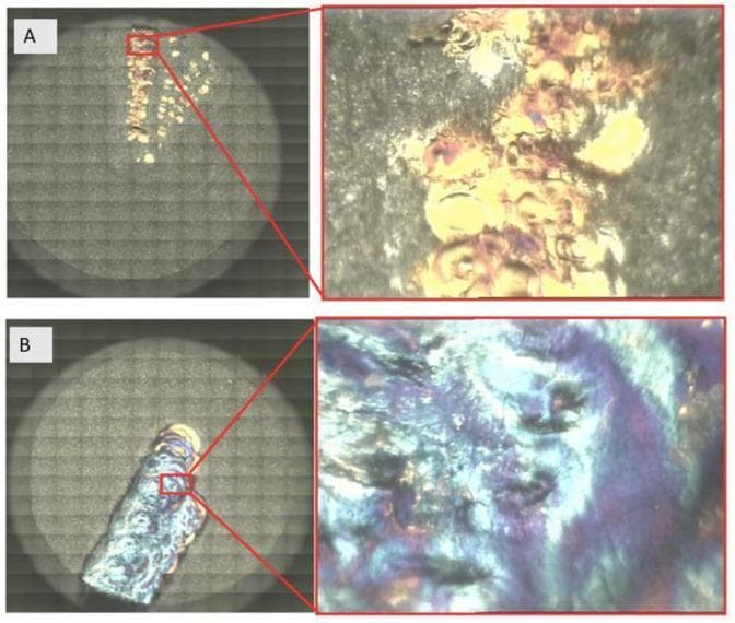 Comparison of laser-treated dental implant materials (Grade 4 titanium disks) visualized through light microscopy to assess surface topography and oxidation. Panel A displays a titanium disk after 1 W Er:YAG laser irradiation, showing a heterogeneous distribution of golden-yellow and silver-white regions against a darker background. The magnified view reveals granular surface irregularities and signs of localized thermal alteration. Panel B depicts the surface after 4 W Er:YAG laser irradiation, demonstrating a more uniform and extensive modification characterized by a blue and iridescent chromatic scale. This high-power treatment results in a smoother, blended texture indicative of advanced material melting, resolidification, and the formation of a thicker titanium oxide (TiO2) layer. These images are clinically relevant for evaluating dental implant decontamination and modification protocols, highlighting how different power settings impact surface roughness, oxide layer thickness, and potential microfracture formation, which are critical for osseointegration and biocompatibility.