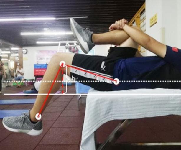 This clinical photograph demonstrates the performance of a Thomas test, a physical examination maneuver used to assess hip flexor contracture and psoas tightness. The subject is positioned supine on an examination table with the sacrum at the table's edge. One hip is maximally flexed toward the chest and held in place by the subject's arms to flatten the lumbar spine. The contralateral leg hangs freely off the table. The image is overlaid with quantitative diagnostic annotations: a horizontal white dotted line represents the pelvic baseline, solid white lines indicate the table level, and red lines delineate the femur and tibia segments. A vertical indicator labeled 'h' measures the elevation of the thigh from the table surface. This visual focuses on the biomechanical assessment of the iliopsoas and rectus femoris muscles, with the failure of the extended thigh to touch the table surface indicating a positive test for hip flexor tightness.