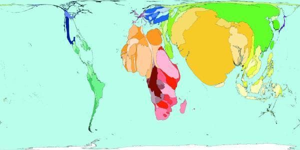 This infographic is a world cartogram illustrating the global distribution of human poverty according to the United Nations Development Programme (UNDP). In this visualization, the land area of each territory is distorted to be proportional to its share of the global poverty index rather than its true geographic size. This clinical epidemiology tool uses a heat transfer algorithm to represent the density of the variable. Visually, the map shows a massive expansion of the African continent (shaded in red and pink) and South Asia (including India, Pakistan, and Bangladesh, shaded in yellow and orange), indicating a high prevalence of poverty-related health risks. Conversely, North America and Europe (shaded in blue and purple) are significantly diminished, appearing as thin slivers, which reflects their lower proportion of the global poverty index. This representation is used in public health education to demonstrate the correlation between socioeconomic status and health outcomes, such as mortality from preventable nutritional deficiencies and communicable diseases.