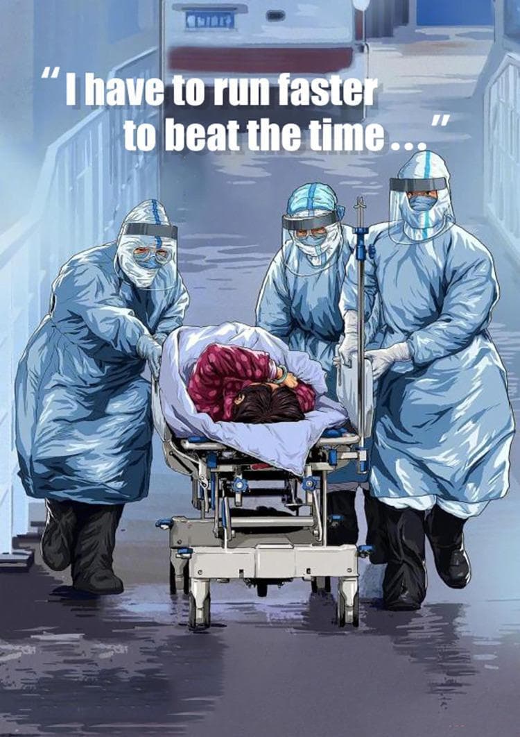 A clinical-themed illustration depicting three healthcare professionals in full personal protective equipment (PPE) urgently transporting a patient on a medical gurney. The medical personnel are outfitted in light blue, fluid-resistant hooded gowns, clear face shields, white surgical masks, protective gloves, and dark high-top boots, representing high-level infection control protocols. The patient, partially visible under a blanket, is positioned on a mobile stretcher equipped with an IV pole. The scene utilizes dynamic visual elements such as a polished, reflective floor and a low-angle perspective to emphasize motion and the critical nature of emergency medical transport. The accompanying text, 'I have to run faster to beat the time...', underscores the educational concept of time-sensitive disease treatment and the logistical challenges of managing patients during a public health crisis, such as a pandemic. This image serves to illustrate emergency triage, healthcare worker attire in hazardous environments, and the clinical metaphor of disease management as a competition against time.
