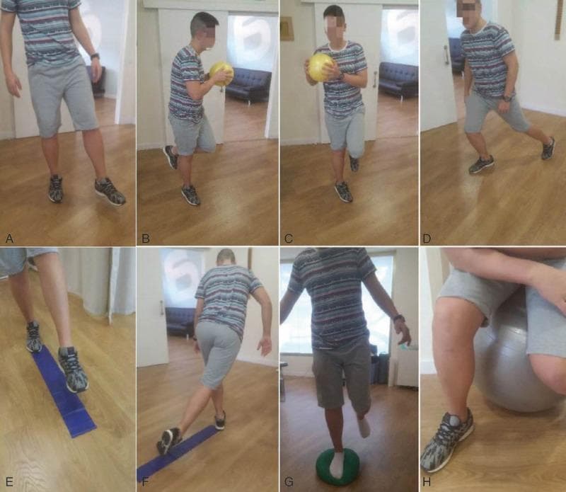 This composite of clinical photographs illustrates a progressive proprioceptive exercise protocol designed for anterior cruciate ligament (ACL) rehabilitation. The sequence (A-H) demonstrates a progression from stable environments to increasing neuromuscular challenge through instability. (A-D) show initial stages in a monopodial (single-leg) stance on a solid floor, incorporating varying visual inputs, trunk rotations with a weighted ball, and eccentric squatting/lunging maneuvers to challenge dynamic balance. (E-F) progress to using a blue linear instability strip to guide movement directions and combinations. (G) utilizes a small green foam instability platform to reduce the base of support and increase proprioceptive demand on the ankle and knee. (H) shows the final stage of the protocol, involving monopodial exercises in a seated (sedestation) position on a large stability ball, which emphasizes core stability and limb control by removing stable pelvic support. The protocol is intended for physical therapy and orthopedic rehabilitation to improve joint position sense and motor control post-ACL injury.