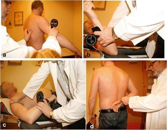 A composite of four clinical photographs demonstrating the clinical assessment of passive range of motion (PROM) of the shoulder joint. The series illustrates standardized physical examination techniques: (a) measurement of glenohumeral abduction with the patient standing and the examiner stabilizing the scapula; (b) assessment of external rotation with the patient supine and the shoulder in 90 degrees of abduction; (c) measurement of internal rotation in the supine position; and (d) functional assessment of internal rotation with the 'hand behind back' maneuver. In panels a, b, and c, a gravity-referenced inclinometer (Plurimeter-V) is utilized to objectively quantify the joint angles. The inclinometer is shown placed along the humerus, distal to the shoulder joint, to capture the angular displacement from the vertical or horizontal reference. This image serves as an educational guide for orthopedic and physical therapy practitioners in the assessment of shoulder pathologies such as adhesive capsulitis or rotator cuff disorders.