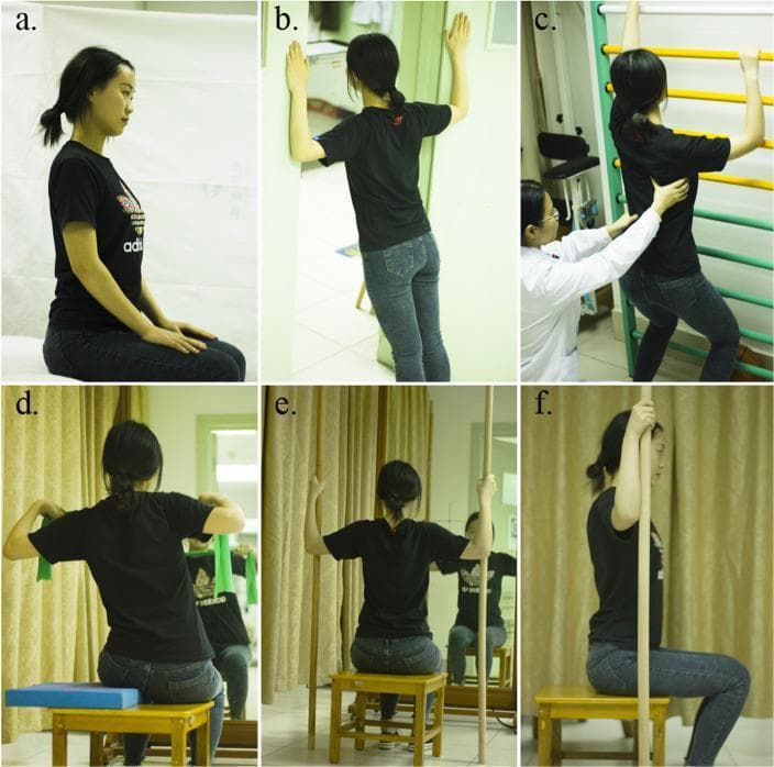 A composite of six clinical photographs (a–f) demonstrating various Physiotherapeutic Scoliosis-Specific Exercises (PSSE) performed by a female patient with adolescent idiopathic scoliosis. (a) Side profile showing neutral seated posture for education. (b) Rear view of a standing 'plank' position against a doorframe with bilateral shoulder abduction and external rotation. (c) Therapist-assisted rotary breathing training in a squatting position using a wall bar (ladder). (d) Active 3D correction while seated on a bench, utilizing a blue wedge pad under the left hemipelvis and an elastic resistance band held with abducted/externally rotated arms in front of a mirror. (e) Seated correction using two vertical wooden rods for stabilization, viewed from the rear. (f) Side profile of the seated correction holding a single vertical rod. The series illustrates core PSSE principles: 3D autocorrection, breathing techniques, and the use of corrective aids like wedges and poles to stabilize spinal curvature in the coronal, sagittal, and horizontal planes.