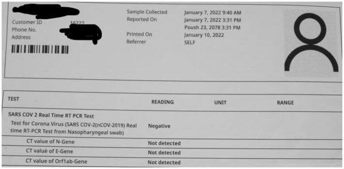 A laboratory diagnostic report for a SARS-CoV-2 Real-Time RT-PCR test performed on a nasopharyngeal swab. The document is structured into a header containing patient administrative data (redacted), collection and reporting dates (January 7, 2022), and a main results table. The test assesses for the presence of the Coronavirus (nCOV-2019) using multiple targets. The overall result is clearly stated as 'Negative'. The report specifies the Cycle Threshold (CT) values for three specific viral genetic markers: the N-Gene, E-Gene, and Orf1ab-Gene, all of which are documented as 'Not detected'. This visual serves as a clinical example of a molecular diagnostic report used during the COVID-19 pandemic, illustrating standard reporting formats for viral RNA detection, including temporal data and multi-gene target analysis.