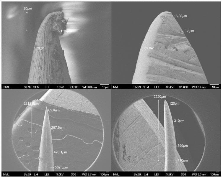 This Comparison Chart features a series of Scanning Electron Microscope (SEM) images depicting the micro-topography and geometry of two surgical needle types: a conventional commercial needle (left) and a new needle prototype (right). The top row presents high-magnification (x1000) views of the needle tips. The conventional needle displays significant surface irregularities and structural 'honing' defects at the point, whereas the prototype shows a smoother, albeit blunter, conical profile with a tip width of approximately 38 μm compared to the conventional 21.19 μm. The bottom row presents lower-magnification (x30-x35) views used for morphological assessment and dimensional measurement. These images demonstrate that the prototype needle possesses a relatively longer and more gradual tapered point, measuring 410 μm at a distance of 2220 μm from the tip, while the conventional needle measures 562.5 μm at a similar distance. This diagnostic comparison is used in medical engineering and surgery to evaluate the influence of needle design on tissue penetration resistance and the biomechanics of surgical anastomosis.