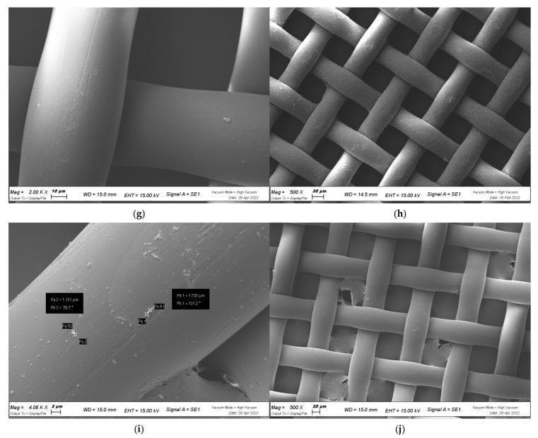 This set of Scanning Electron Microscopy (SEM) images illustrates the study of bacterial biofilm formation on an abiotic surface, specifically a medical-grade plastic cell strainer. The imagery demonstrates the interaction between Xanthomonas campestris pv. campestris and various antimicrobial interventions. Panes (h) and (j) show the overall grid-like structure of the woven synthetic mesh at 500x magnification, revealing a consistent interlaced fiber network. Panes (g) and (i) provide high-magnification views (up to 4.06 Kx) of individual fiber surfaces. Pane (g) shows relatively smooth fibers following treatment with Moringa oleifera extracts (HAMD-MOL), indicating successful inhibition of extracellular polymeric substance (EPS) and biofilm maturation. In contrast, pane (i) displays the adherence of small, rod-shaped bacteria (approximately 1-2 Β΅m in size) and particulate matter to the fiber surface under different treatment conditions. These images serve as an educational model for evaluating anti-adhesive and anti-biofilm properties of phytochemical compounds intended to prevent medical device colonization and subsequent infection.
