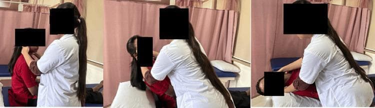 A sequence of three clinical photographs demonstrating the initial phases of the Epley maneuver, a canalith repositioning procedure used to treat benign paroxysmal positional vertigo (BPPV). The images show a healthcare provider in a white clinical coat and a patient on an examination bed in a physiotherapy or neurology setting. In the first panel, the patient is seated upright while the provider stabilizes the head. In the second panel, the provider rotates the patient's head approximately 45 degrees toward the affected side (right). In the third panel, the patient is moved rapidly into a supine position with the head extending off the edge of the supporting pillow to maintain neck extension and rotation. This clinical demonstration illustrates the manual guidance required to facilitate the movement of otoconia within the semicircular canals. The background shows standard clinical equipment including an examination table with blue padding and privacy curtains.