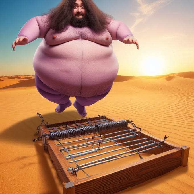 This AI-generated infographic functions as a complex visual mnemonic for Hairy Cell Leukemia (HCL). The image depicts a morbidly obese male figure with light-purple skin and long, flowing dark hair and a beard, shown suspended over a mechanical trap in a barren desert landscape. Each element of the illustration symbolizes a key diagnostic or clinical feature of the disease. The figure's significant 'fat' build represents massive splenomegaly, a hallmark clinical finding. The 'purple' skin tone corresponds to the characteristic appearance of malignant lymphocytes on hematoxylin and eosin (H&E) staining. The 'long hair' serves as a mnemonic for the filamentous, hair-like cytoplasmic projections visible on peripheral blood smears or bone marrow biopsies. The 'trap' represents the Tartrate-Resistant Acid Phosphatase (TRAP) stain used for definitive diagnosis. Finally, the 'dry desert' environment symbolizes the 'dry tap' (unsuccessful bone marrow aspiration) frequently encountered due to extensive bone marrow fibrosis associated with HCL. This visual aid is designed for medical students to enhance long-term recall of hematologic pathology through associative learning.