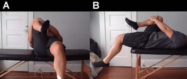 Two clinical photographs demonstrate the performance of the Modified Thomas Test, a physical examination maneuver used to assess hip flexor contractures. Image A shows an anterior view of a patient in a supine position at the edge of an examination table. The patient has one hip and knee fully flexed, held against the chest by the arms to stabilize the pelvis and flatten the lumbar spine. The contralateral leg is allowed to hang freely. This view is used to observe for hip abduction (suggesting tensor fasciae latae involvement) or external rotation (suggesting iliotibial band restriction). Image B provides a lateral view of the same maneuver. This perspective specifically evaluates the degree of hip extension and knee flexion of the hanging leg. A lack of full hip extension indicates psoas or iliopsoas tightness, while an inability to maintain at least 90 degrees of knee flexion suggests rectus femoris contracture. The test is fundamental in musculoskeletal medicine and physical therapy for diagnosing imbalances in the anterior hip and thigh musculature.