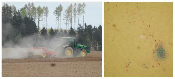 This dual-panel image demonstrates the environmental transmission and microscopic identification of non-tuberculous mycobacteria (NTM). The left panel is a photograph of a tractor tilling soil, illustrating how agricultural activity can generate aerosols and dust that serve as vehicles for environmental mycobacteria. The right panel is a diagnostic light microscopy image (1000x magnification) of a soil sample specimen following Ziehl-Neelsen staining. The micrograph shows numerous bright red, polymorphic, rod-shaped mycobacterial cells, which are characteristic of acid-fast organisms. These acid-fast bacilli (AFB) are visible as individual rods, small groups, and dense aggregates against a pale yellowish-tan background, with occasional blue-stained non-acid-fast material. This visual illustrates the presence of species such as Mycobacterium terrae and Mycobacterium avium complex (MAC) in environmental reservoirs, highlighting the potential for zoonotic or environmental exposure pathways for human infection.