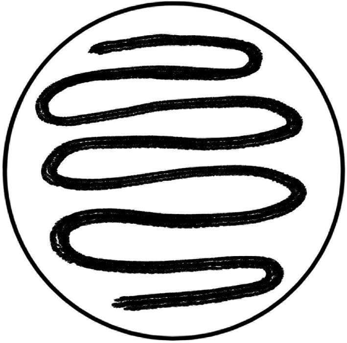 This clinical diagram illustrates a systematic inoculation pattern used in dental microbiology studies. The visual depicts a top-down view of a circular agar culture medium within a Petri dish. A continuous, serpentine, or meandering path is shown spread across the entire surface of the medium, representing the application of dental impression tray adhesive using a cap-attached brush. The path is characterized by a uniform thickness and a textured, coarse stroke appearance, consistent with a brush-applied liquid sample. This illustration demonstrates the standardized method for inoculating culture media to test for cross-contamination of oral microorganisms (bacteria and fungi) between patients via reusable adhesive application brushes. The clinical relevance focuses on infection control and hygiene protocols within prosthetic dentistry and dental laboratory procedures.