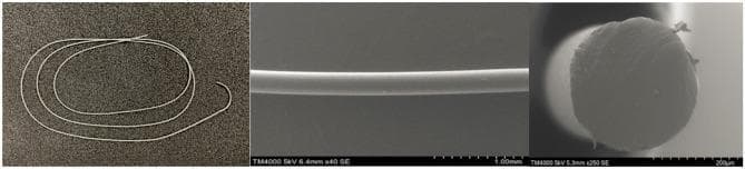 This composite figure provides a multi-scale visual characterization of a P(3HB-co-16 mol% 4HB) absorbable monofilament suture, relevant to surgical biomaterials and wound closure. The left panel is a clinical photograph showing the suture's macroscopic appearance as a thin, translucent, and flexible strand arranged in loose loops. The center panel is a side-view Scanning Electron Microscopy (SEM) image at 40x magnification, revealing a highly uniform, smooth longitudinal surface characteristic of synthetic monofilaments. The right panel displays a cross-sectional SEM image at 250x magnification, demonstrating a predominantly circular morphology with a solid, non-porous internal structure. Minor surface irregularities and small peripheral fragments are visible at this higher resolution. These images serve to document the structural integrity and surface quality of the polyhydroxyalkanoate-based suture, which is designed for slow-healing wounds due to its durability and biocompatibility.