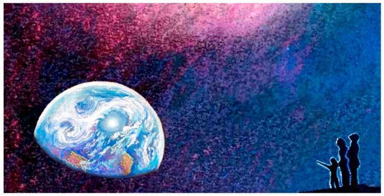An educational infographic and conceptual illustration representing the concept of 'Planetary Health' and 'High-Level Wellness' as defined by Halbert L. Dunn. The image depicts the planet Earth in the lower-left foreground, rendered with vibrant blue oceans, white cloud swirls, and visible landmasses, set against a vast celestial background of deep purples, pinks, and blues that suggests cosmic space or a nebula. In the bottom-right corner, the silhouettes of three human figures—two adults and a child—are shown looking towards the planet and the cosmos. This visual serves as a metaphor for the interconnectedness between human public health and the sustainability of natural ecological systems. It is used in medical education to illustrate the philosophical shift from a static definition of health to a dynamic, integrated model of wellness that encompasses individual, community, and planetary scales.