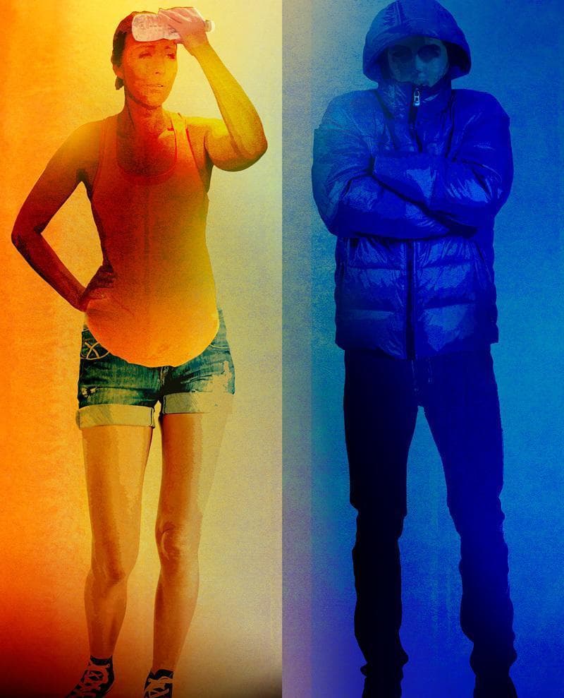 This educational comparison infographic illustrates the physiological impact of environmental temperature extremes on human health. The image is split vertically to contrast hyperthermia and hypothermia risks. The left panel, rendered in warm orange and yellow tones, depicts a figure showing signs of heat-related distress; the individual is lightly dressed in a tank top and shorts, holding a water bottle to their forehead to demonstrate cooling behaviors associated with heat exhaustion or heat stroke. The right panel, rendered in cool blue tones, shows a figure in a heavy hooded puffer jacket with arms crossed, symbolizing the body's attempt to conserve core heat during cold exposure. The visual serves as a conceptual aid for public health and environmental medicine, highlighting the physical and behavioral adaptations necessitated by temperature fluctuations. It is intended for intermediate medical or public health curricula to discuss climate-related health risks, thermoregulation, and the epidemiological relationship between seasonal temperature changes and mortality.