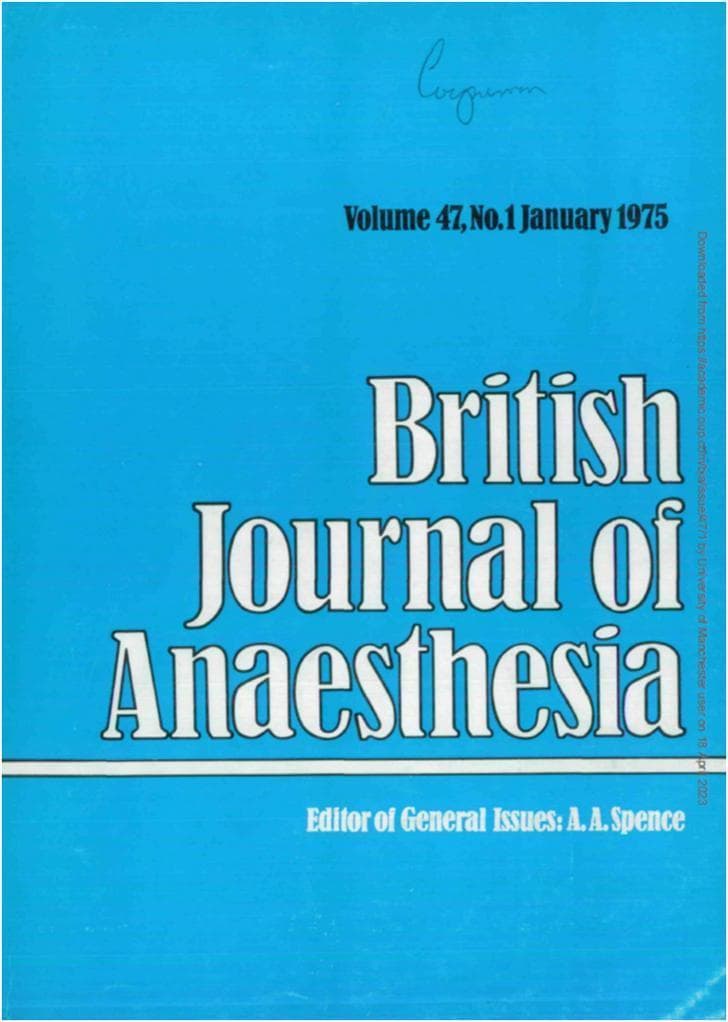Educational image of a historical medical journal cover. The visual features a vibrant cyan-blue background, identifying this as the January 1975 issue (Volume 47, No. 1) of the 'British Journal of Anaesthesia'. The title is displayed in prominent, white, serif typeface with black outlines. A horizontal white line separates the main title from the lower section, which identifies A.A. Spence as the 'Editor of General Issues'. This specific design represents a significant transition in the journal's publication history when Macmillan Journals Limited took over production, introducing a color-coded system for different volumes and moving the table of contents to the back cover. The image serves as a visual record of the evolution of medical publishing within the specialty of anesthesiology.