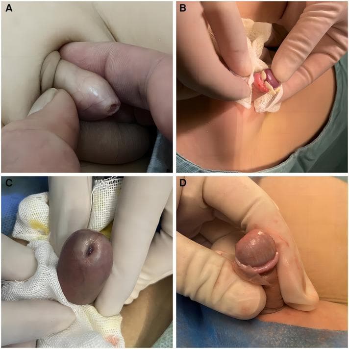 A composite of four clinical photographs (A-D) demonstrating urological conditions of the prepuce and glans penis in a pediatric/surgical context. Panel A illustrates physiologic or pathologic phimosis, showing a narrowed preputial orifice that prevents retraction of the foreskin. Panel B captures an intraoperative view where white, cheesy lumps of smegma are visible around the coronal sulcus upon partial retraction, associated with local inflammation. Panel C displays the characteristic features of Balanitis xerotica obliterans (BXO), also known as lichen sclerosus, presenting with a reddish-purple, shiny glans and evidence of secondary stenosis. Panel D shows advanced BXO manifestations, including white sclerotic scarring and thickening of the foreskin tissue with associated pallor of the glans. The images are relevant for medical education concerning male genital pathology, diagnostic signs of chronic inflammation, and indications for surgical intervention such as circumcision.