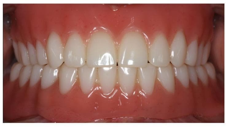 This intraoral clinical photograph presents an anterior view of complete maxillary and mandibular dentures in centric occlusion. The image illustrates a successful prosthetic restoration using a CAD/CAM workflow. The artificial teeth exhibit natural-appearing morphology, with central incisors, lateral incisors, and canines arranged in a balanced dental arch. The maxillary incisors show appropriate dominance and size relative to the mandibular teeth. The pink-pigmented denture base material (polymethyl methacrylate) mimics natural gingival tissue color and texture, showing smooth adaptation to the cervical margins of the teeth. The occlusion appears bilaterally balanced with stable intercuspation. This image serves as an educational example of prosthetic dentistry, demonstrating proper tooth arrangement, gingival esthetics, and the achievement of a stable vertical dimension in the rehabilitation of an edentulous patient using implant-supported mandibular overdentures and a tissue-supported maxillary denture.